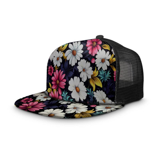 A flat peak mesh cap featuring a floral pattern with white and pink daisies on a dark background and a black mesh back.