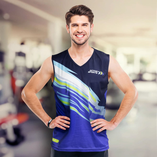 A men's performance singlet in blue and black with a dynamic design and a logo on the front.