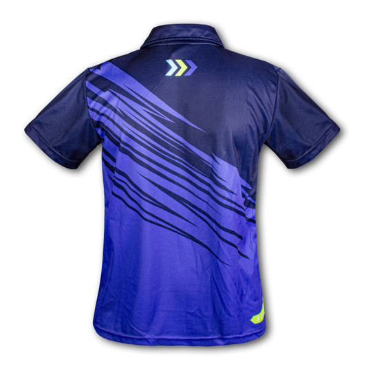 A navy blue men's sports polo featuring a dynamic abstract design in shades of blue and green, with a logo on the front.