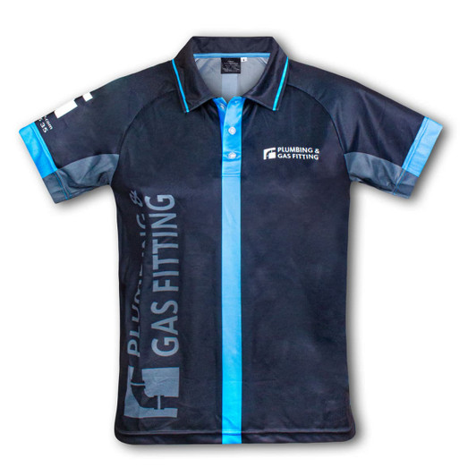 A custom men's performance polo shirt in black with blue accents and a logo.
