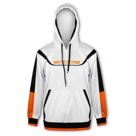 A white and orange men's sports hoodie featuring black accents and a logo on the front.