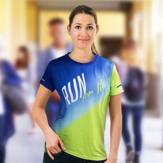 A vibrant women's sports t-shirt featuring blue and green with a logo. The shirt has a sporty design and short sleeves.