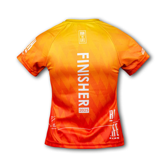 A women's performance V-neck T-shirt in vibrant orange and yellow with a logo and design elements.