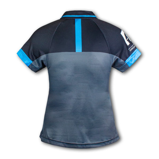 A women's performance polo in grey with blue accents, featuring a logo on the sleeve.