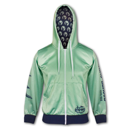 A light green women's zipped hoodie featuring a hood and patterned lining, with a logo on one side.
