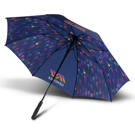 A full colour umbrella featuring a vibrant pattern of coloured dots on a dark background, with a handle and a logo.