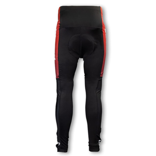 Custom men's cycling pants in black with red detailing, featuring a padded seat area and a fitted design.