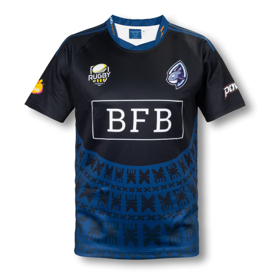 A black and blue custom men's rugby performance t-shirt featuring various logos and a distinctive design pattern.