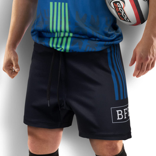 Custom men's rugby shorts in black, featuring blue stripes and a logo, paired with a rugby ball.