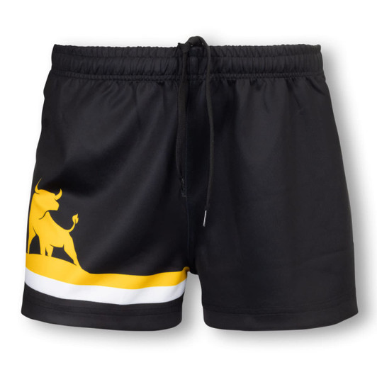 Custom women’s AFL shorts in black, featuring a yellow and white design with an animal silhouette and an elastic waistband.