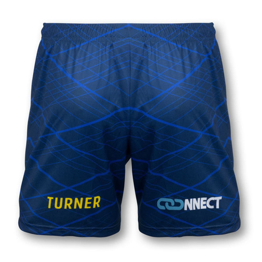 A pair of custom women's soccer shorts in navy blue, featuring a geometric pattern and logos.