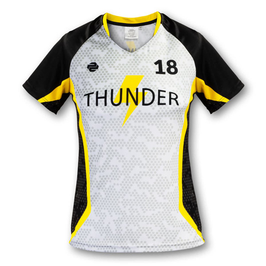 A women's volleyball top in grey with black and yellow accents, featuring a logo and number 18.