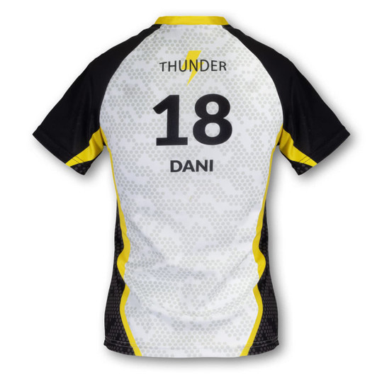 A women's volleyball top in white, black, and yellow, featuring a logo and the number 18 on the back.