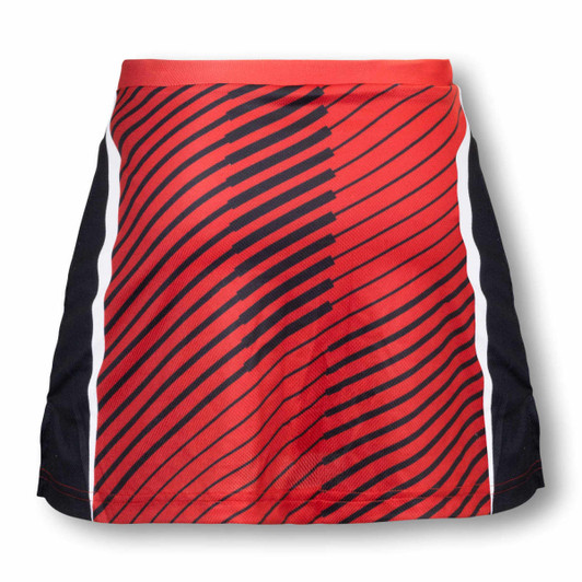 A custom women's netball skirt in red and black with a distinctive striped pattern and white side accents.