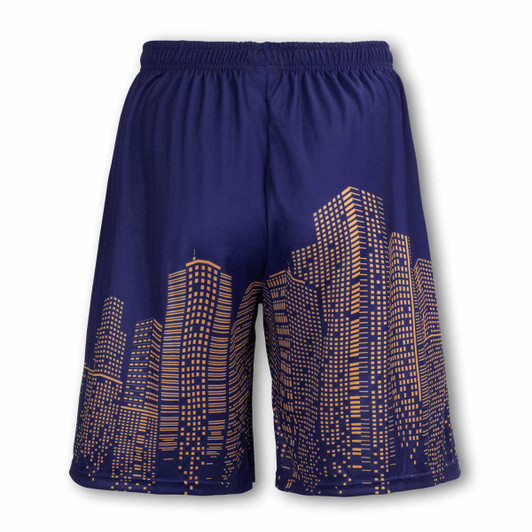 Navy basketball shorts featuring a city skyline design in gold. Includes an elastic waistband and branding.