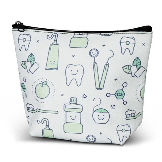 A small cosmetic bag in white featuring dental and health-themed illustrations in green and light blue.