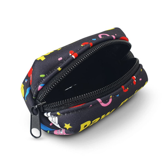 A black pet bag dispenser featuring a vibrant design with colourful patterns and a double zipper. Includes a logo.