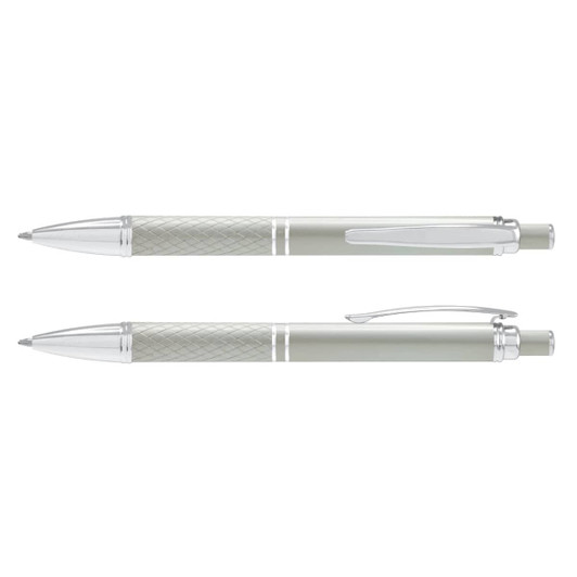 A metal pen in silver and grey, featuring a textured grip and a clip, with a logo on the body.
