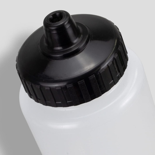 A drink bottle with a clear body and a black cap, featuring a textured grip around the top.