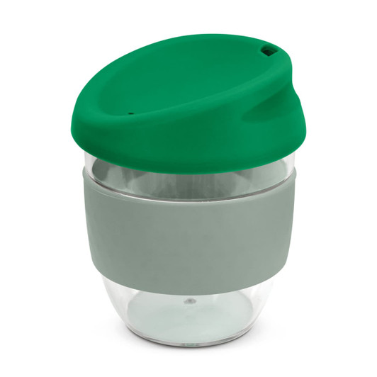 A drink bottle made of transparent Tritan with a green lid and grey silicone sleeve. Features a logo.