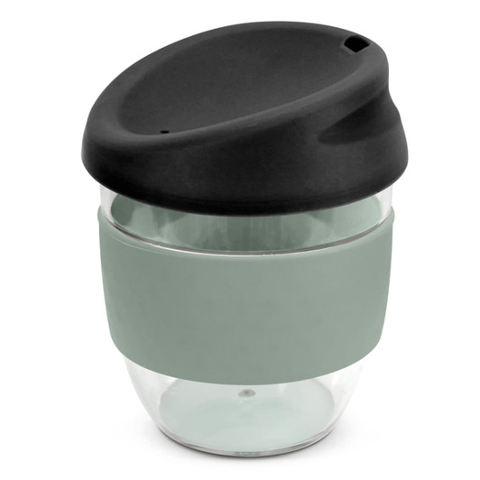 A drink bottle featuring a clear body with a grey silicone sleeve and a black lid. It has a logo on the side.