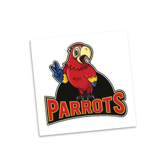 A temporary tattoo featuring a cartoon parrot in red and yellow, with a black background and a logo.