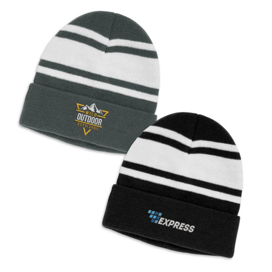 A grey and black striped beanie featuring a logo, with contrasting white stripes. Two styles are displayed.
