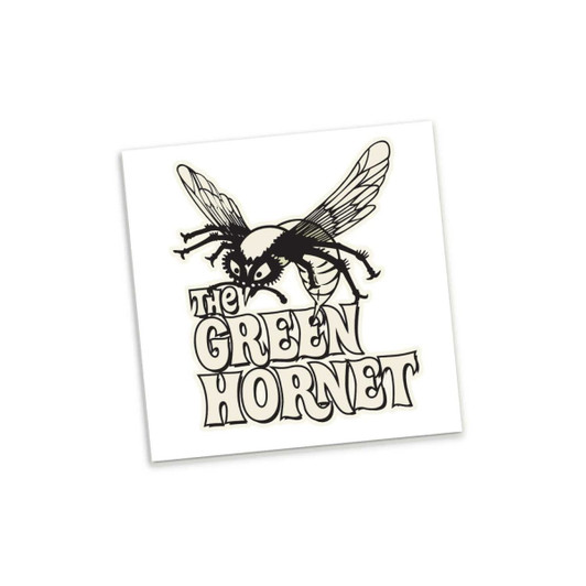 A square temporary tattoo featuring a black illustration of a hornet and the text “The Green Hornet” on a white background.