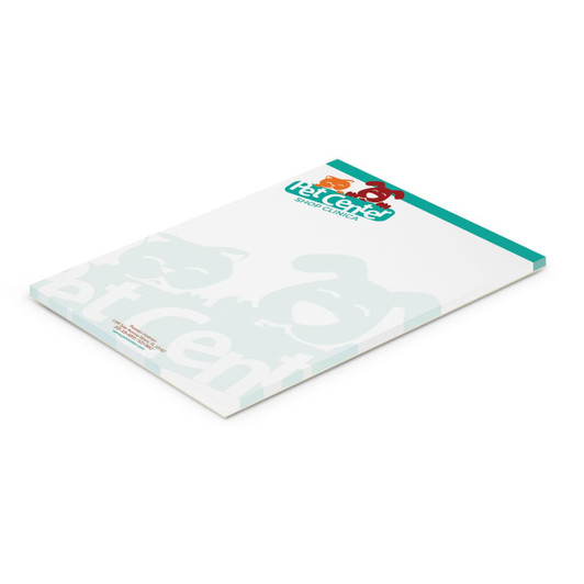 A5 note pad with 50 leaves, featuring a green and white design with a logo at the top.