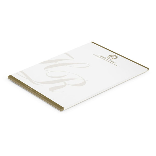 A4 notepad with 50 leaves, featuring a cream cover and a gold trim, includes a logo at the top.