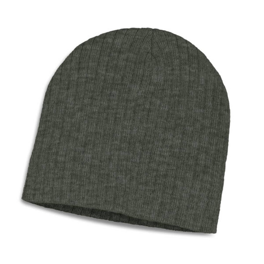 A green cable knit beanie with a soft texture and a simple design, featuring a logo.