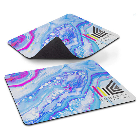 A mouse mat featuring a vibrant blue and pink marbled design with a logo in the corner.