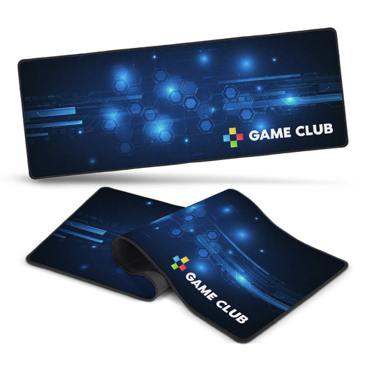 A gaming mat featuring a dark blue design with bright blue geometric patterns and a logo.