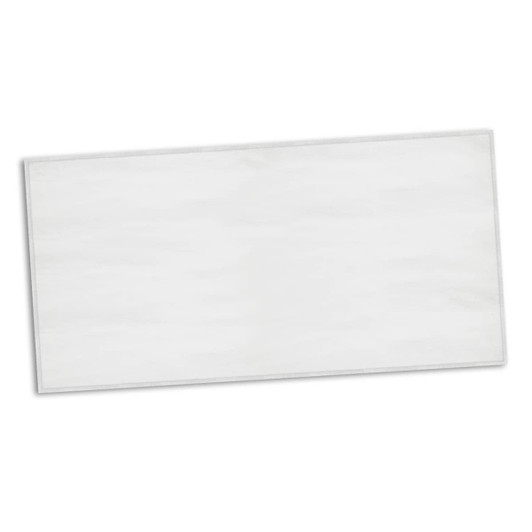 A large, white beach towel featuring a bordered edge and a branding logo. Suitable for leisure and outdoor activities.