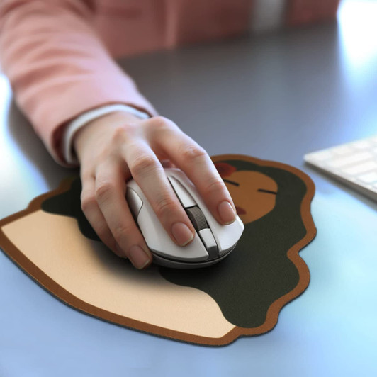 A mouse mat featuring a stylised illustration of a person with dark hair, in earthy tones, with a white computer mouse.