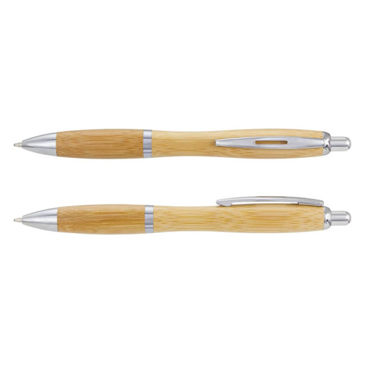 A bamboo pen featuring a sleek design with silver accents and a polished barrel. The pen has a branding logo.