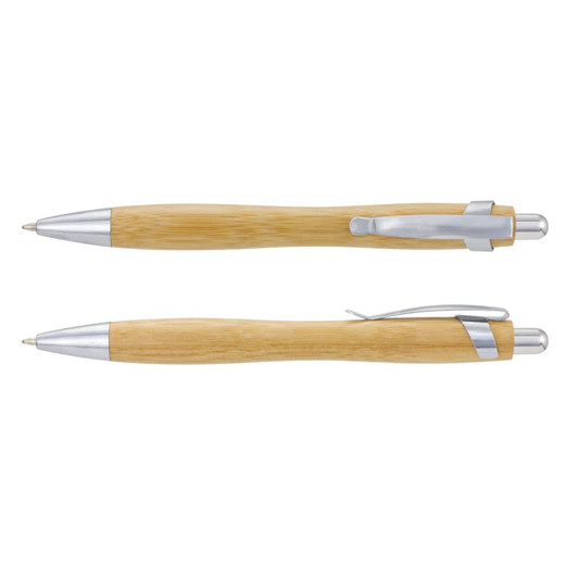 A bamboo pen with silver accents, featuring a sleek design and a clip for easy carrying.