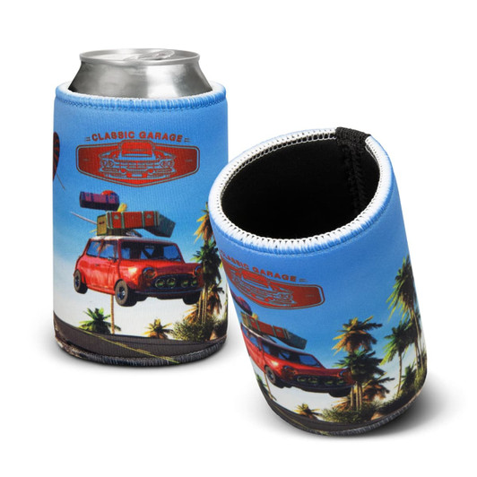 A drink bottle holder featuring a blue design with a vintage car and luggage, alongside palm trees and a logo.