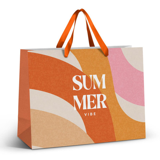 A large paper bag featuring orange, pink, and cream waves, with orange ribbon handles and a logo.