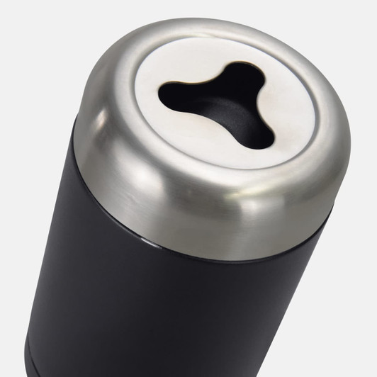 A drink bottle with a sleek black body and a stainless steel top featuring a unique opening.