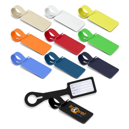 A collection of silicone luggage tags in various colours: beige, white, orange, red, green, blue, and navy, with a black tag.
