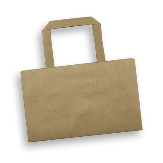 A small flat handle paper bag in a natural brown colour with a simple design and two handles.