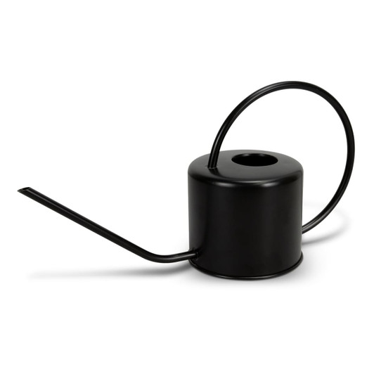 A black watering can with a long spout and an elegant handle, featuring a simple, modern design.
