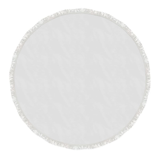 A round white beach towel with fringed edges, suitable for leisure and outdoor activities.