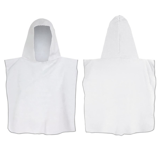 A white hooded towel with a pouch design. Features a hood and a soft texture. Includes branding on the material.