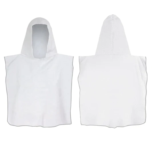 A white hooded towel with a pouch design. Features a hood and a soft texture. Includes branding on the material.