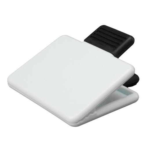 A white magnetic clip with a black grip at the top.