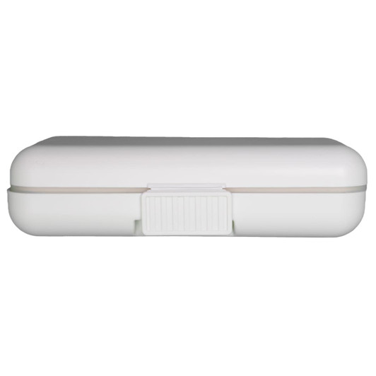 A compact, white pill organizer with a secure clasp, designed for storing medication.