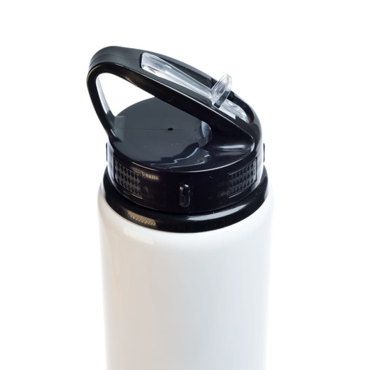 A drink bottle featuring a sleek black flip straw lid and a white body, with a built-in handle and a logo.