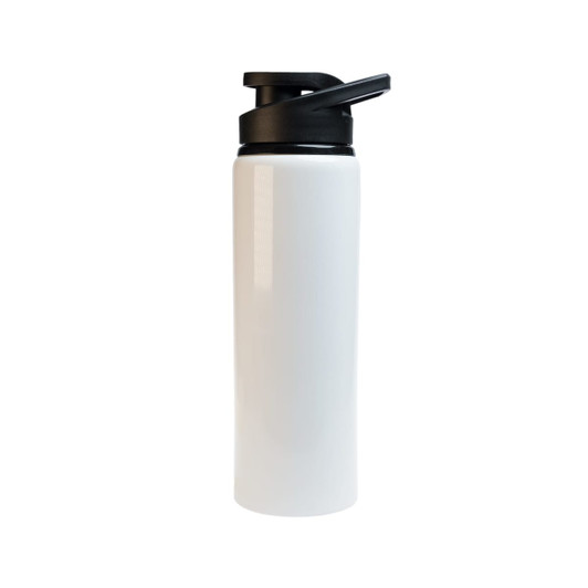 A drink bottle featuring a sleek white design with a black free flow lid and a branding logo.